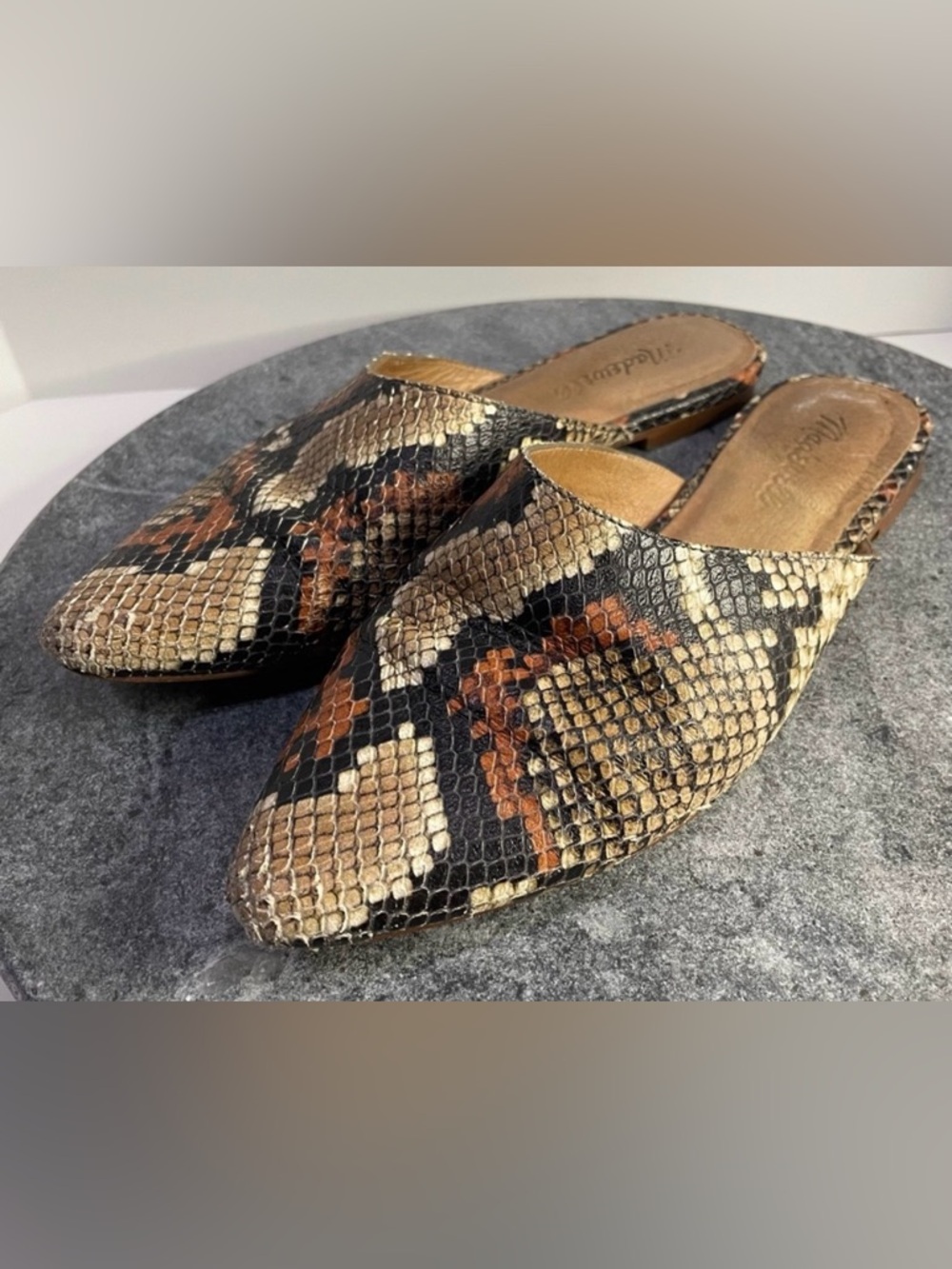 Madewell Remi Mule Flats In Brown Embossed Snake Print Leather